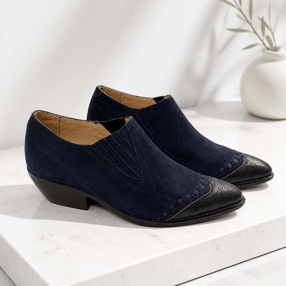 Vintage 90s Guess by Georges Marciano Navy Suede Western Ankle Boots with Reptil